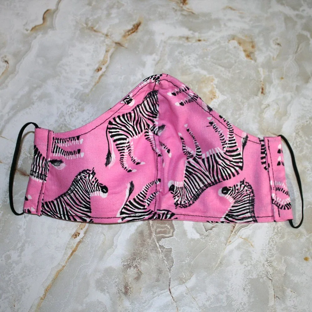 HAND CRAFTED Face Mask Pink Zebra Adult Cloth Fabric Print - Shield Style